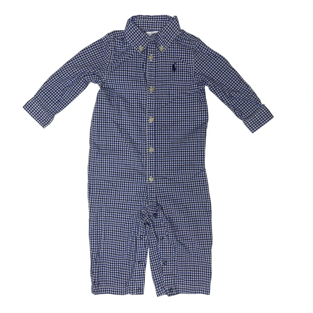 Ralph Lauren Blue Gingham Coverall Romper Infant Boys 9M